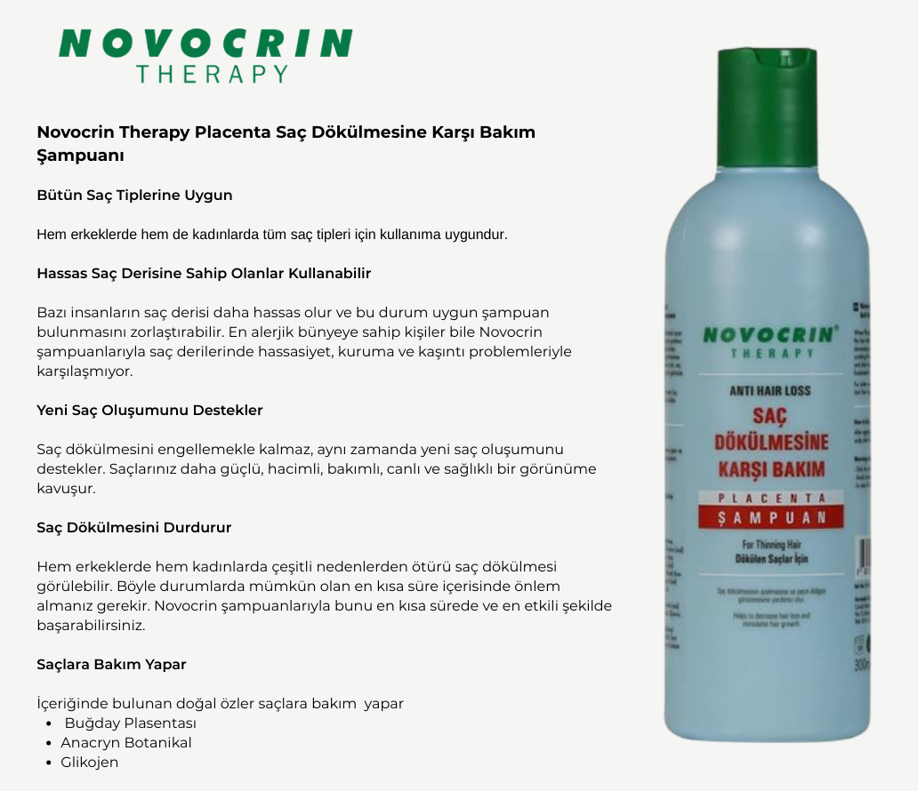 Novocrin Placenta Saç Dökülmesine Karşı Bakım Şampuanı 300 ml — içerik ve fayda açıklama görseli